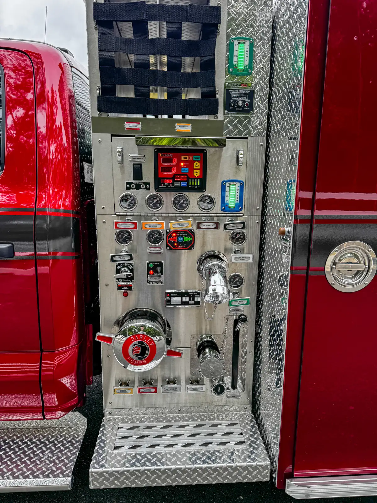 Pump panel close-up showing digital readout, gauges, and valve controls.